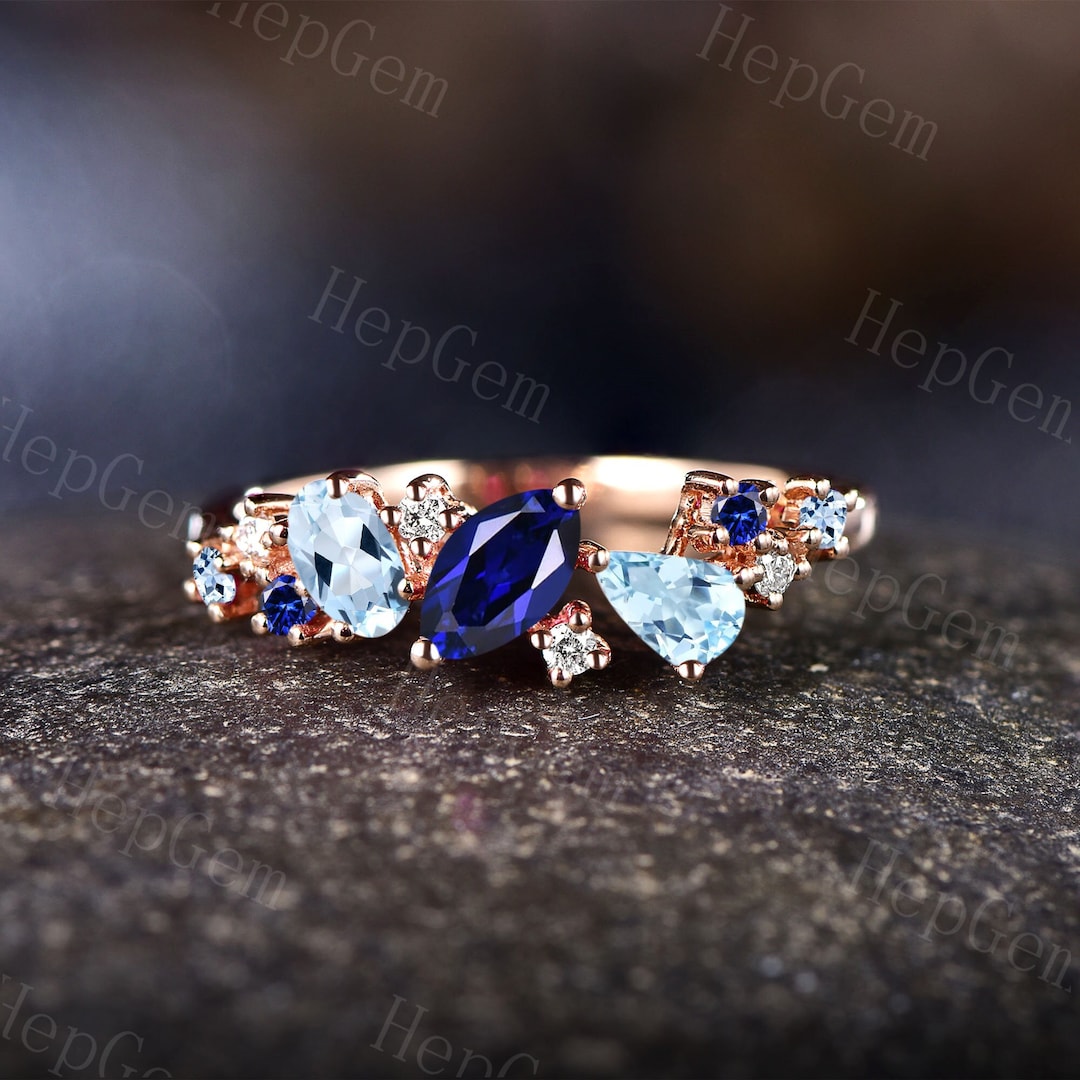 Vintage Aquamarine & Sapphire Cluster Stack Wedding Ring, Rose Gold ...