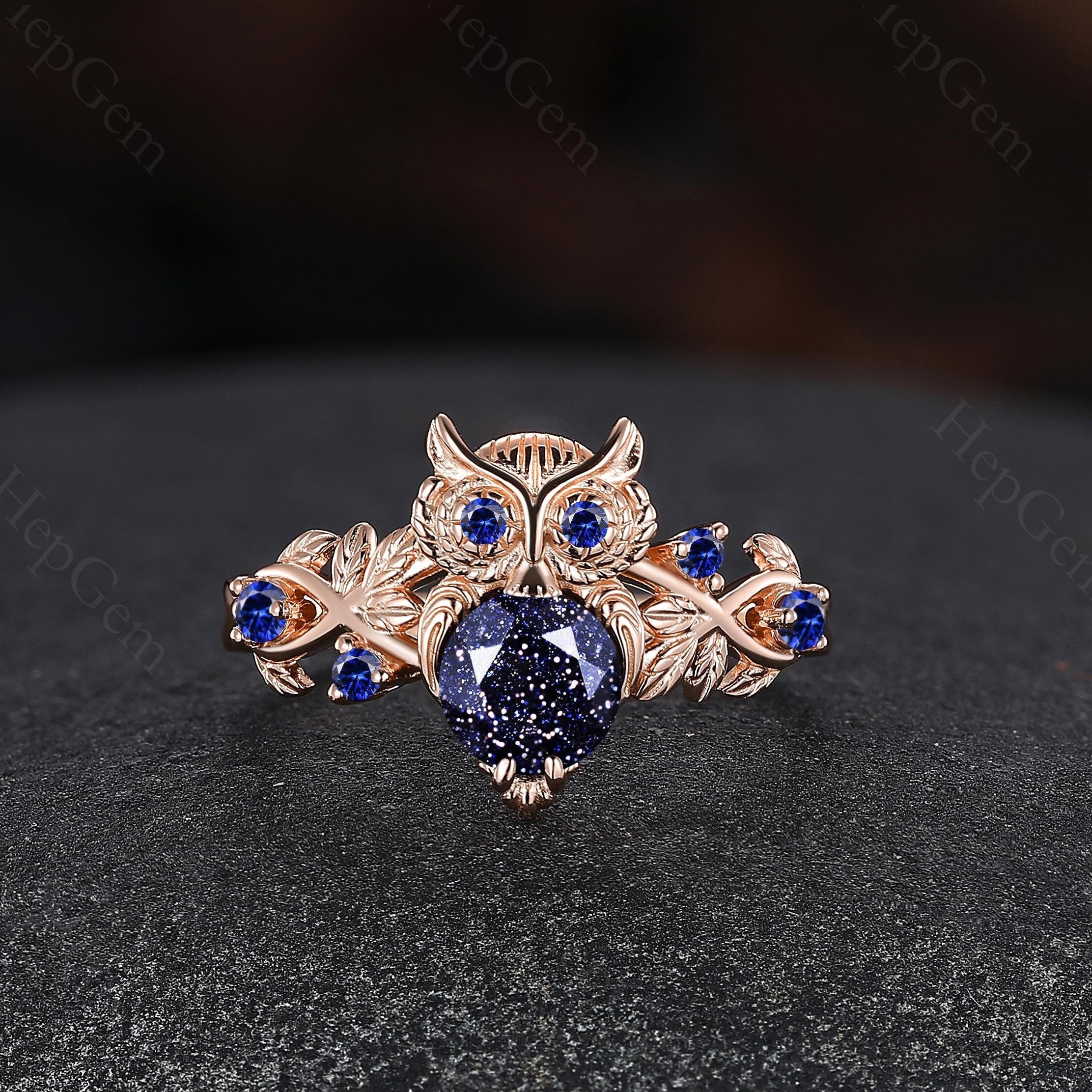 Vintage blue sandstone engagement ring Unique owl design ring Rose gold blue sandstone & sapphir