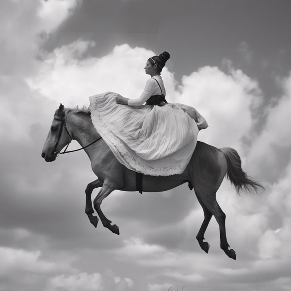 Horse in Flight Photo Print - Black and White Intimacy - UHD Image - Serene and Peaceful Ambiance - Psychedelic Tableaux