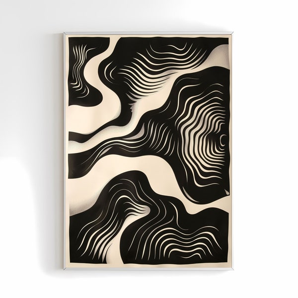 Abstract Black and White Art Collection - Line Work - Wavy Lines - Organic Shapes - Sunprint Style - Digital Printable Wall Art