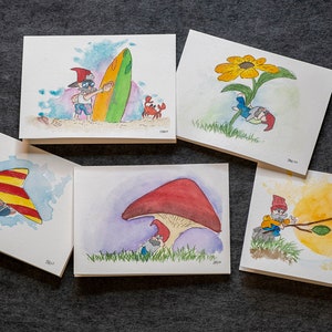 Originele handgeschilderde prints van gnome wenskaarten serie 2, verjaardagskaarten, notitiekaarten, bedankkaarten
