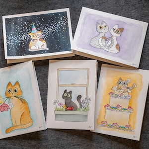 Original handgemalte Drucke; 5er-Pack Katzen-Grußkarten, Geburtstagskarten, Notecards, Dankeskarten