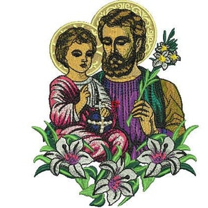 Könnte beinhalten: Gestickte Darstellung des Heiligen Antonius von Padua, der das Jesuskind hält. Das Bild ist von weißen Blumen mit grünen Blättern umgeben. Der Hintergrund ist weiß.