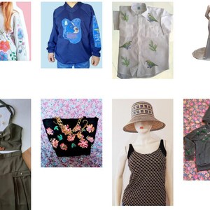 Peut inclure: Une collection de vêtements et d'accessoires brodés. Une veste blanche avec des broderies florales, un sweat-shirt bleu avec un motif d'ours, une chemise blanche boutonnée avec des broderies d'oiseaux et de feuilles, une robe blanche avec des broderies florales, un sac noir avec des broderies florales, un débardeur marron à motif géométrique, un chapeau de paille à motif à carreaux et un sweat à capuche gris avec des broderies florales.
