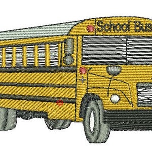 May include: A yellow school bus with black trim and the words "School Bus" on the front. The bus has a large windshield and a set of headlights.