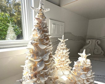 Seashell Christmas Tree Topiary With Limpets, Pearl Beads, & Starfish /  Coastal Christmas Decor / Lighted Garland Optional 