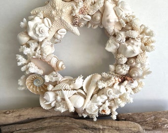 Starfish Seashell Wreath Coastal Decor | Handmade Shell Wreath | Beach House Wall Decor | Neutral Nautical Home Accent