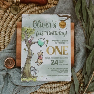 Classic Winnie Pooh Baby Birthday Invitation; Winnie Pooh Baby Birthday ; Greenery Baby Birthday; Honey Bear Birthday; Winnie Pooh wp2