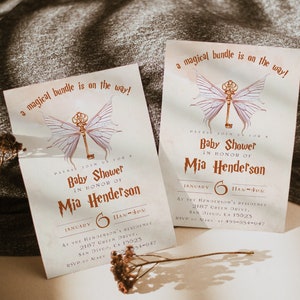 Wizard Baby Shower Invitation; Magic Key  Baby Schower invite template; A Magical Bundle on the Way; Magic School Invitation editable canva