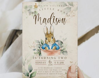Peter Rabbit First Birthday Invite; Bunny Baby Birthday Invitation template; Our little bunny turning one; neutral bunny birthday invitation