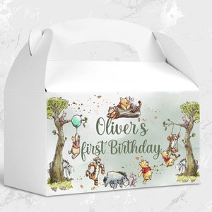 Etiqueta de caixa de frontão editável Hundred Acre Wood Primeira festa de aniversário etiqueta de caixa de frontão; Festa do Ursinho Pooh; Festa de aniversário clássica do Pooh; wp2