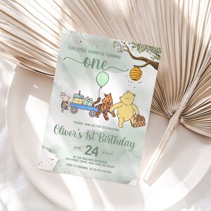 Classic Winnie Pooh Baby Birthday Invitation; Winnie Pooh Baby Birthday ; Greenery Baby Birthday; Honey Bear Birthday; Winnie Pooh wp