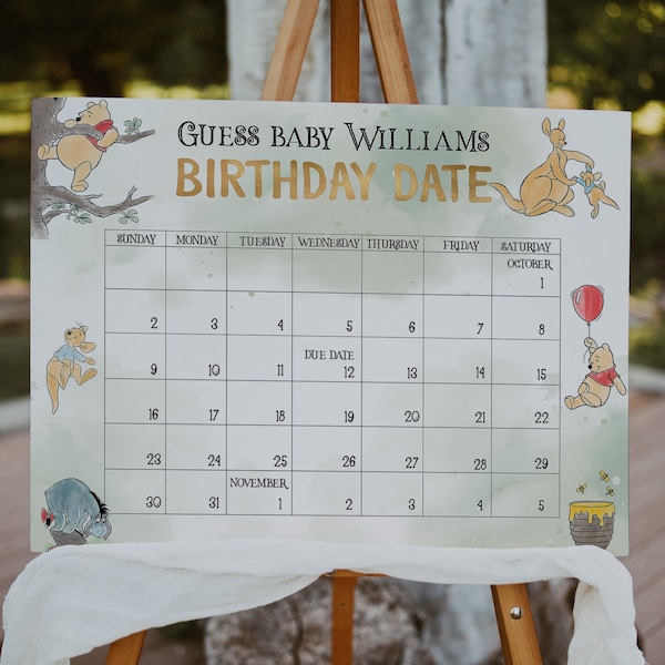 Winnie the Pooh Due Date Calendar Game Baby's Birth Date Game; Winnie the Pooh  Baby Shower; Guess the Due Date Calendar printable; wp9