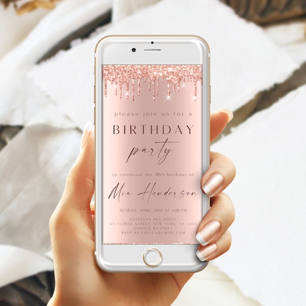 DIY Rose Gold Glitter digitale uitnodiging; Smartphone-uitnodiging; Verjaardag 2022 uitnodiging voor tieners; Vrouwen Verjaardag Evite; Druipend Glitter uitnodigen