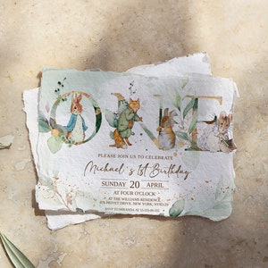 Rustic Peter Rabbit First Birthday Invitation Template;  Spring Bunny Classic Peter Rabbit Birthday Invitation  Handdrawn Peter Rabbit
