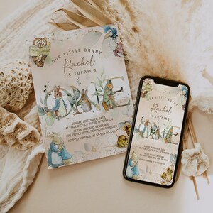DIY Classic Peter Rabbit First Birthday Invitation; Peter Rabbit neutral birthday any age editable template; tale of peter rabbit pr6