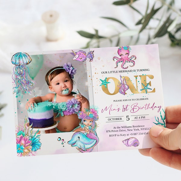 Our little Mermaid is turning one Birthday Invitation Under the Sea Birthday Party first Birthday Party editable template  mermaid mm1