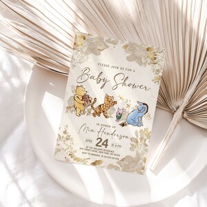 Classic Winnie Pooh Baby Shower Invitation; Pooh Baby Shower Editable Template; Neutral  Flowers Baby Shower; Baby Shower trend of 2023