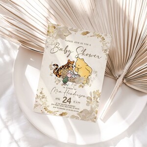 Classic Winnie Pooh Baby Shower Invitation; Pooh Baby Shower Editable Template; Neutral  Flowers Baby Shower; Baby Shower trend of 2023