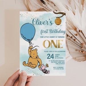 Classic Winnie Pooh Baby Birthday Invitation; Winnie Pooh Baby Birthday ; Greenery Baby Birthday; Honey Bear Birthday; Winnie Pooh wp5