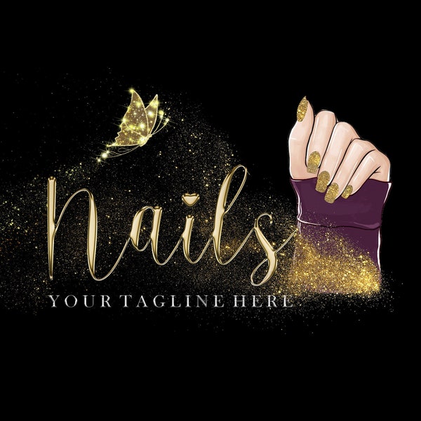 Custom Nail Logo Design; Premade NAils Logo; Nail Artist Business Logo; Nails gold logo; Gold Glitter Nails Logo; Glam Nail Beauty Logo