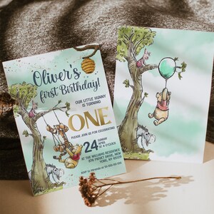 Classic Winnie Pooh Baby Birthday Invitation; Winnie Pooh Baby Birthday ; Greenery Baby Birthday; Honey Bear Birthday; Winnie Pooh wp5