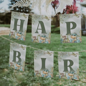 Editierbare Happy Birthday Girlande Dinosaurier Erste Geburtstag Party Banner; Dinosaurier Party; Dino Party Geburtstag Vorlage Instant Download; di1