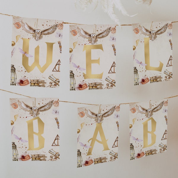 Willkommens-Baby-Banner; Buchstaben Baby Shower Banner; Wizarding World Baby Shower Banner; Magic School Baby Shower bearbeitbare Vorlage; ws1