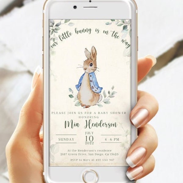 Digital Invitation Peter Rabbit; DIY Electronic baby shower invite; bunny baby shower invite; message bunny invite; greenery baby shower