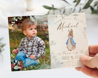 Add Photo First Birthday Invite; Bunny Baby Birthday Invitation template; Our little bunny turning one; Peter Rabbit  birthday invitation