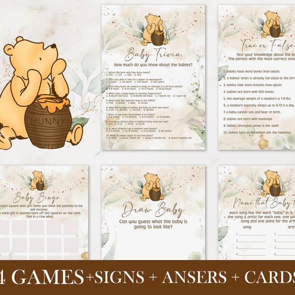 Winnie the Pooh Baby Shower Games; Winnie the Pooh Inspired; Printable Pooh Baby Shower Party Games; Honey Bear Shower Games; WP4