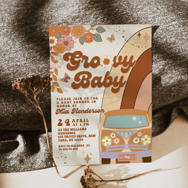 Groovy Baby Shower Invitation; Neutral Boho Groovy Baby Shower Template; Retro 70 80 Baby Shower Invite; Daisy Hippie Bohemian Cutie Retro