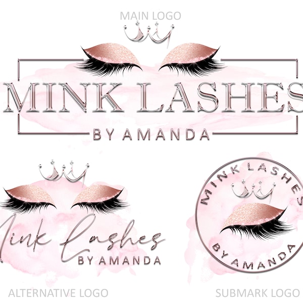 Custom Lash Logo Design; Premade Eyelashes Logo; Lash Artist Business Logo; Lash Brows gold logo; Gold Glitter Eyelash Logo; Crown Lash Logo