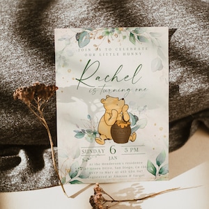 Invitation numérique classique Winnie Pooh Baby Birthday; Wizard Baby Birthday Evite; Anniversaire de bébé de verdure; Honey Bear Evite; Winnie Invitation