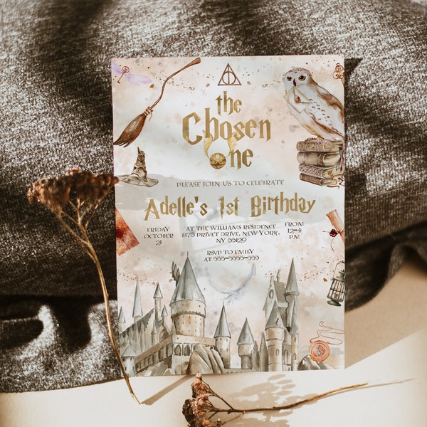 The Chosen One Invitation; Wizard Birthday Party; Magic School 1st Birthday Invitation Template; Editable Wizarding World Invitation; W7