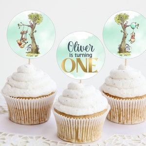 Topper de cupcake editável, etiqueta de cupcake de festa de aniversário de cem acres de madeira; Festa do Ursinho Pooh; Topper clássico de aniversário Pooh; wp5