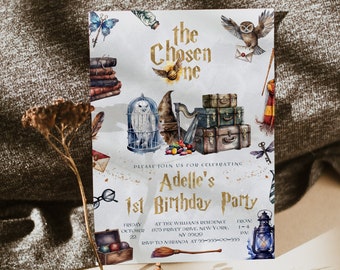 The Chosen One Invitation; Wizard Birthday Party; Magic School 1st Birthday Invitation Template; Editable Wizarding World Invitation;