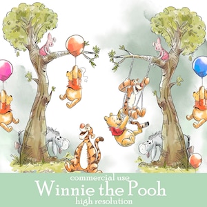 Winnie the Pooh clip art png acquerello; USO COMMERCIALE; Baby shower di Pooh; Adesivi per scrapbooking di compleanno di Winnie Pooh