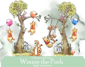 Winnie the Pooh clip art png watercolor; COMMERCIAL USE; Pooh Baby shower; Winnie Pooh Birthday scrapbooking stickers