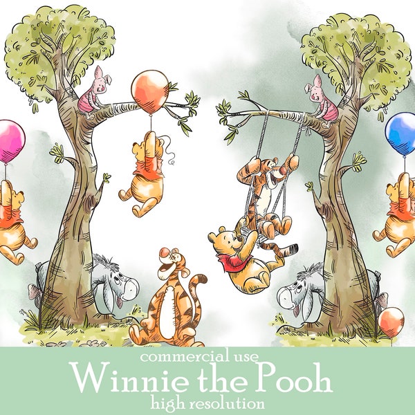 Winnie the Pooh clip art png acuarela; USO COMERCIAL; Fiesta de bienvenida al bebé de Pooh; Pegatinas para álbumes de recortes de cumpleaños de Winnie Pooh