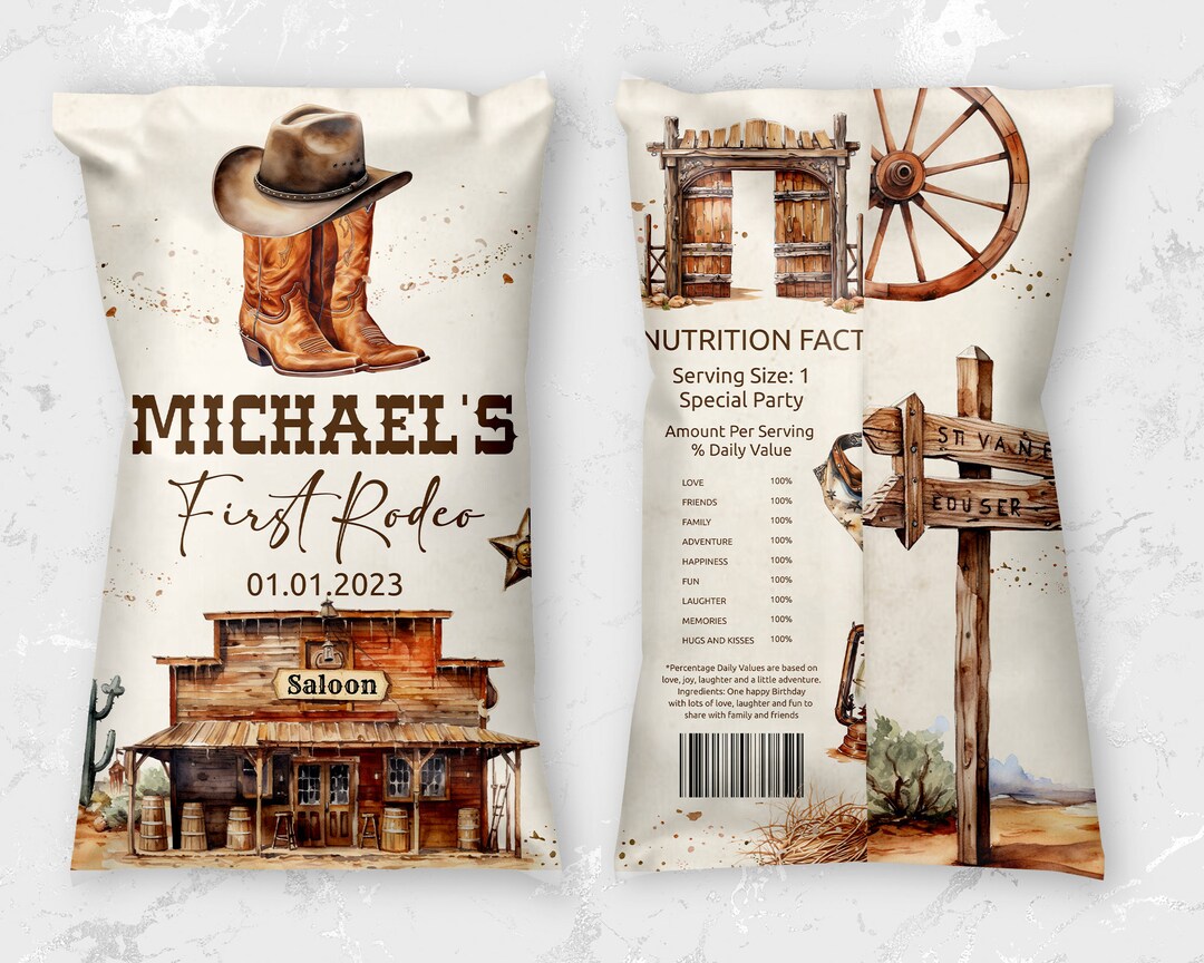 Editable Chips Label First Rodeo Birthday Party Label; Wild West Cowboy ...