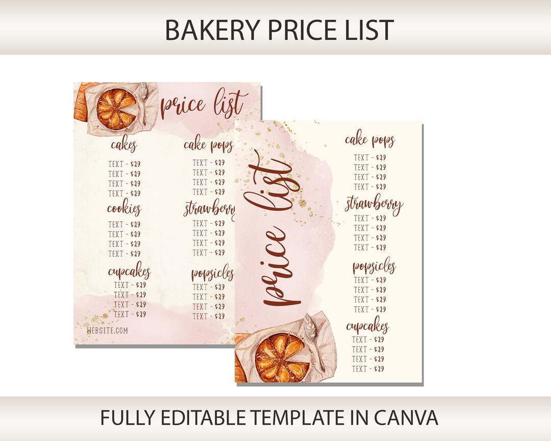 DIY Bakery Price List Baking Price List Template Add Logo Bakery Price