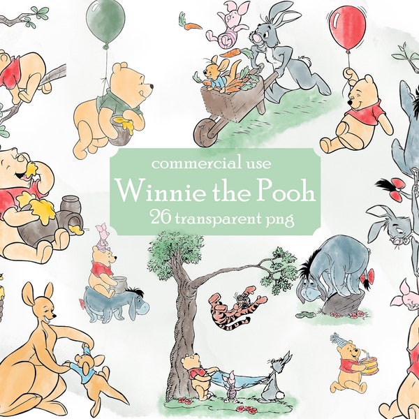 Winnie the Pooh clip art png acuarela; USO COMERCIAL; Fiesta de bienvenida al bebé de Pooh; Pegatinas para álbumes de recortes de cumpleaños de Winnie Pooh