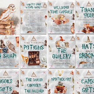 11 WIZARD SIGNS Wizard Baby Shower; Magic School Baby Shower template; The Owlery; The wand chooses the Wizard; Hats and Brooms; ms7