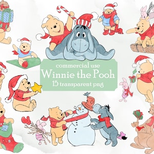 Image clipart Noël Winnie l'ourson png aquarelle ; USAGE COMMERCIAL ; Fête de naissance de l'ourson ; Image clipart hiver Noël anniversaire Winnie Pooh