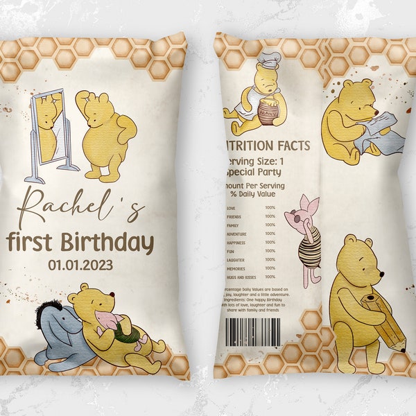 Editable Chips Bag Label Birthday Party; Winnie the Pooh 1st Birthday; Printable Chips Bag Potato Label; Winnie Pooh Party Decoration; hc12