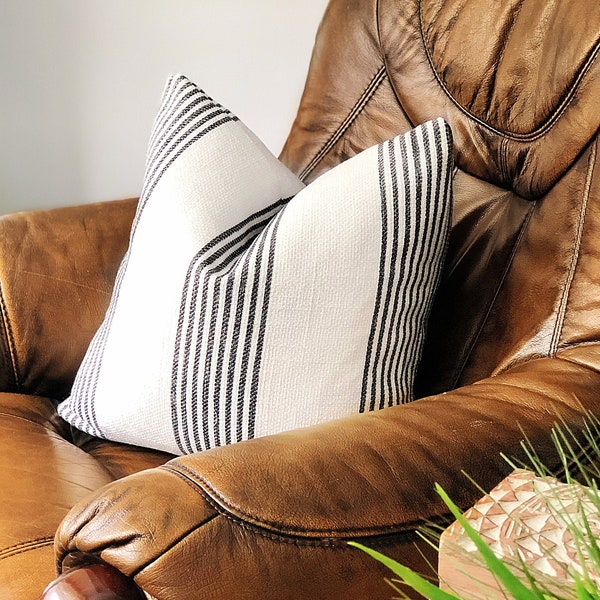 Striped White and Gray Pillow Cover -  Heavyweight Woven Throw Pillow - Farmhouse Home Decor - Minimalist Toss Pillowcase -