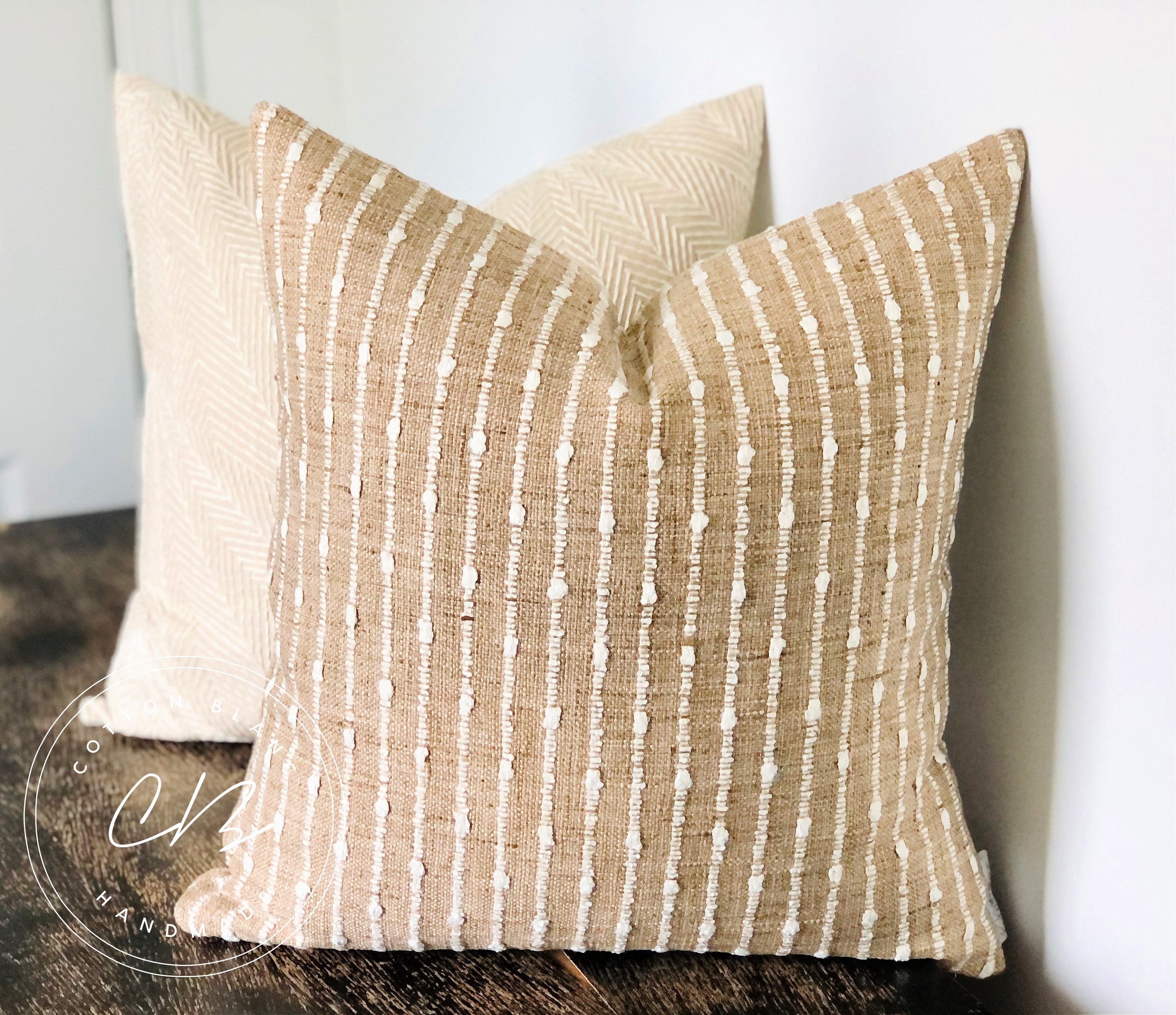 Camel Striped Basket Weave Pillow Cover - Housse d'oreiller Tissée Farmhouse Oreiller Tissé Texturé 