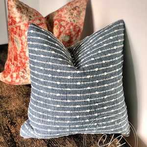 Blue Striped Basket Weave Pillow Cover  - Farmhouse Woven Pillow Cover - Textured Throw Pillow - Modern Blue & White Toss pillow