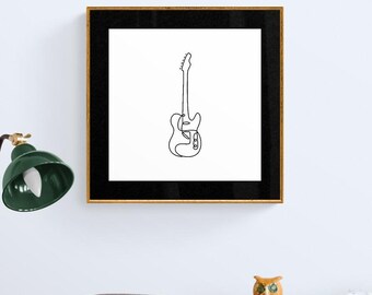 Impresión minimalista de dibujo lineal de guitarra eléctrica Fender Stratocaster enmarcada (3 tamaños y 3 opciones de color)